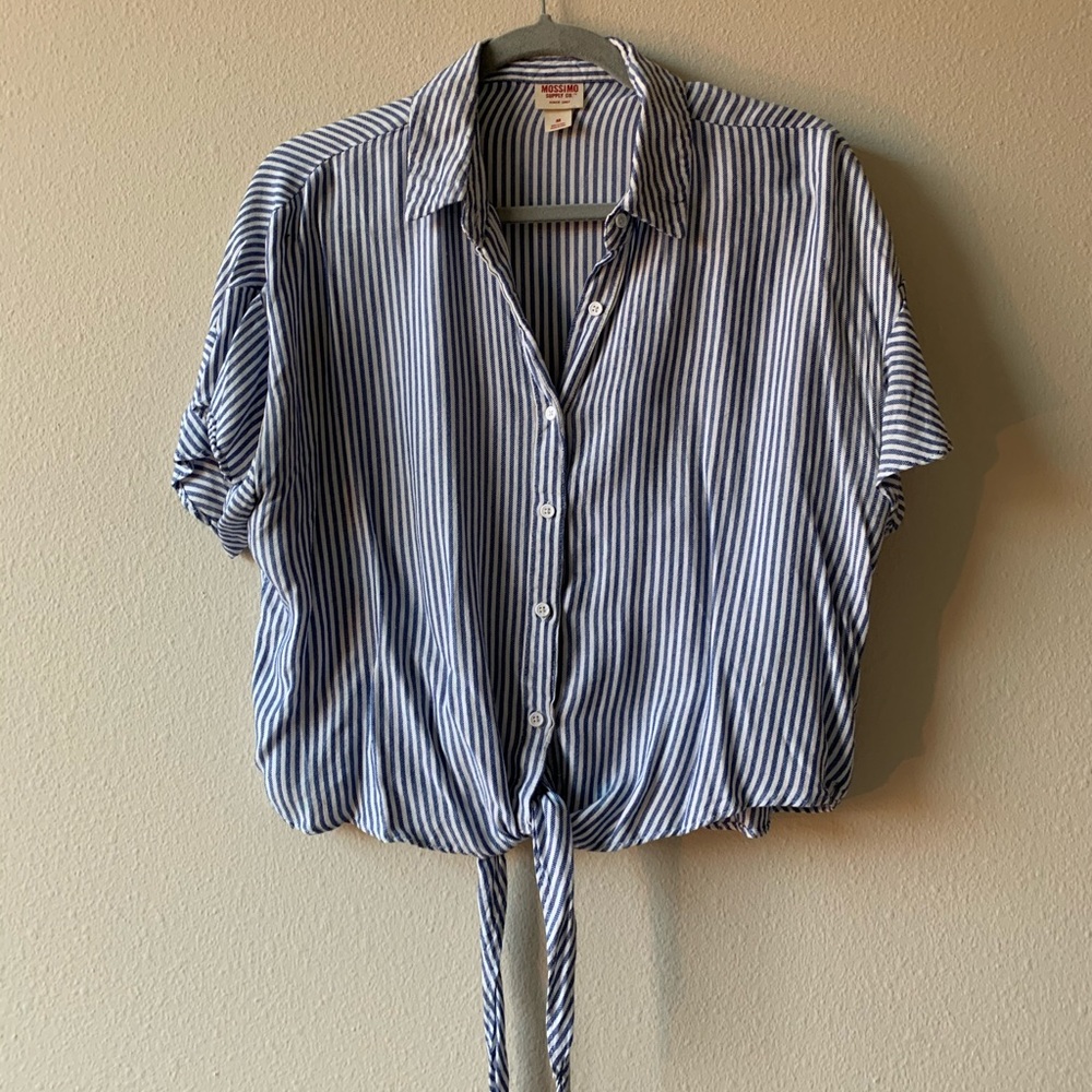 Blue Stripped Button Up Short Sleeve Tee - Size M